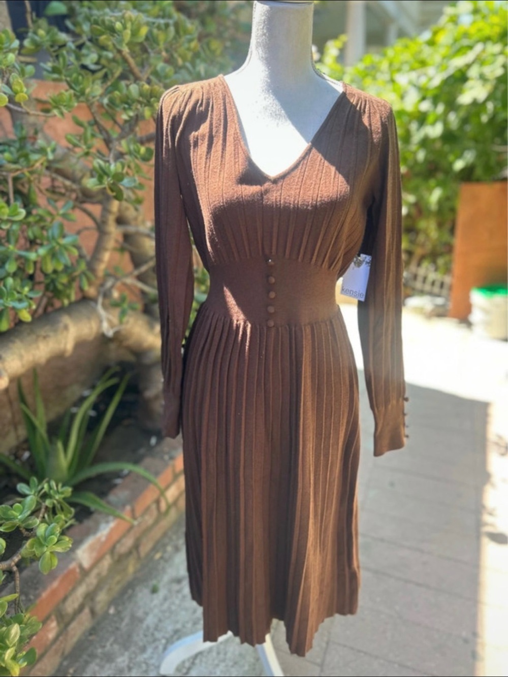 Kensie Chocolate Brown Long Sleeve Pleated Midi Dress